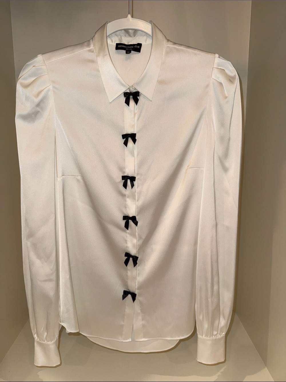 Generation Love Arly Bow White Satin Blouse with Black Bow Accents